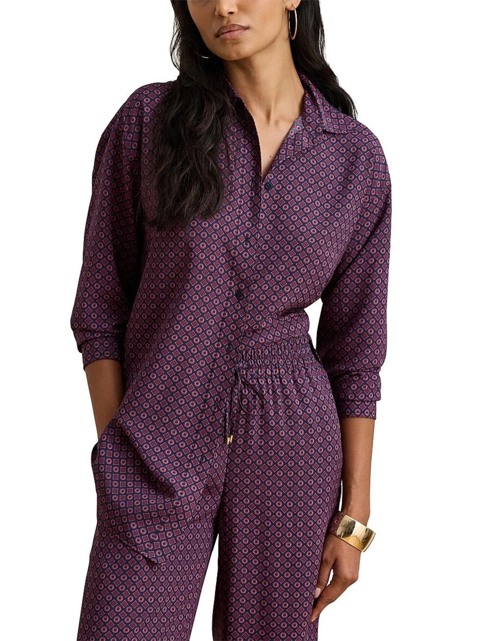 Lauren Ralph Lauren Women Purple Foulard Print Crepe Relaxed Button Shirt Size S